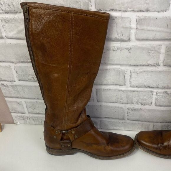 Frye Phillip Harness Tall Wide Calf Riding Boots Cognac Leather Zip Back 6M - Picture 6 of 13